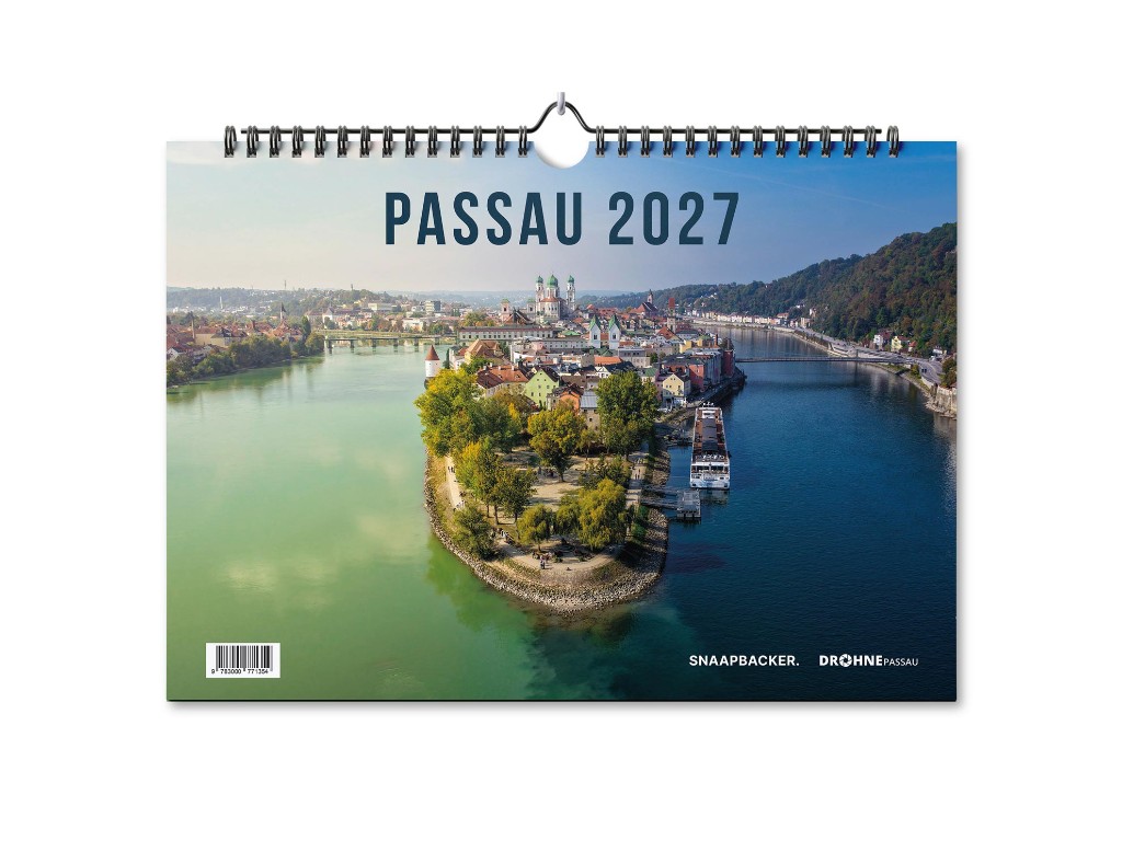 Passau Kalender 2027 – Cover mit Luftaufnahme der Dreiflüssestadt